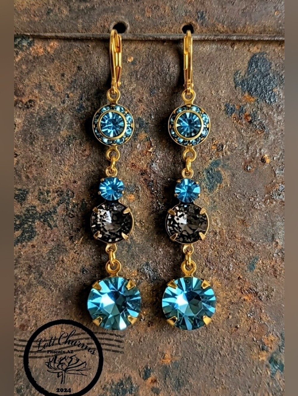 Aquamarine AB & Flower Swarovski Crystal In Drop Down Gold Plated Earrings
